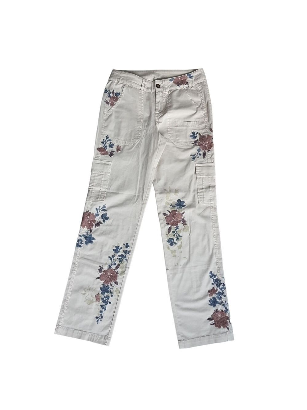 Sundance Embroidered Floral Cargo Pants Womens Size 2 Cream Spring Straight Leg